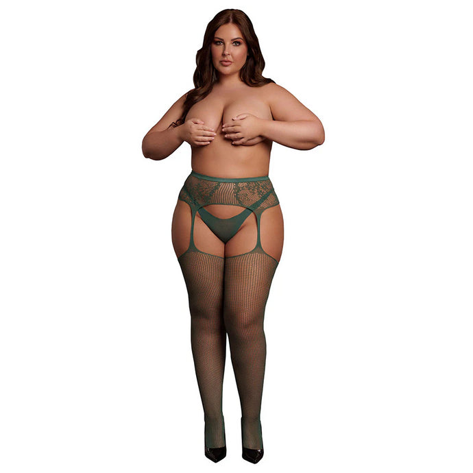 Le Désir Green Fishnet & Lace Garter Belt Combo XL